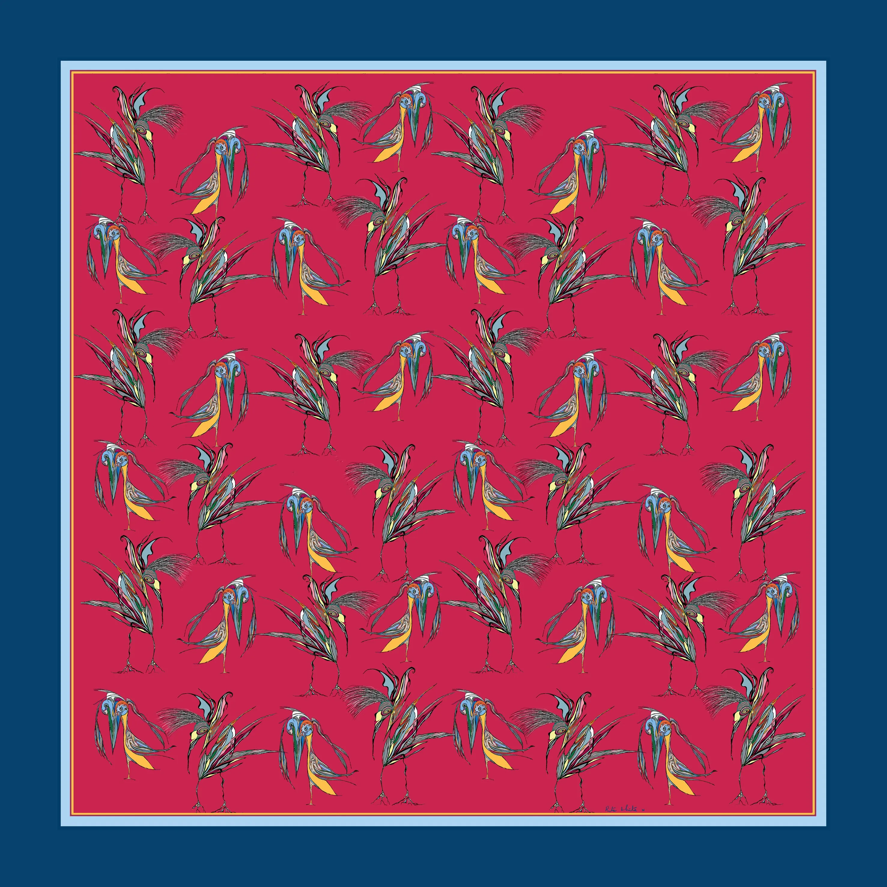 100% Silk Pocket Square in Red Birds Pattern