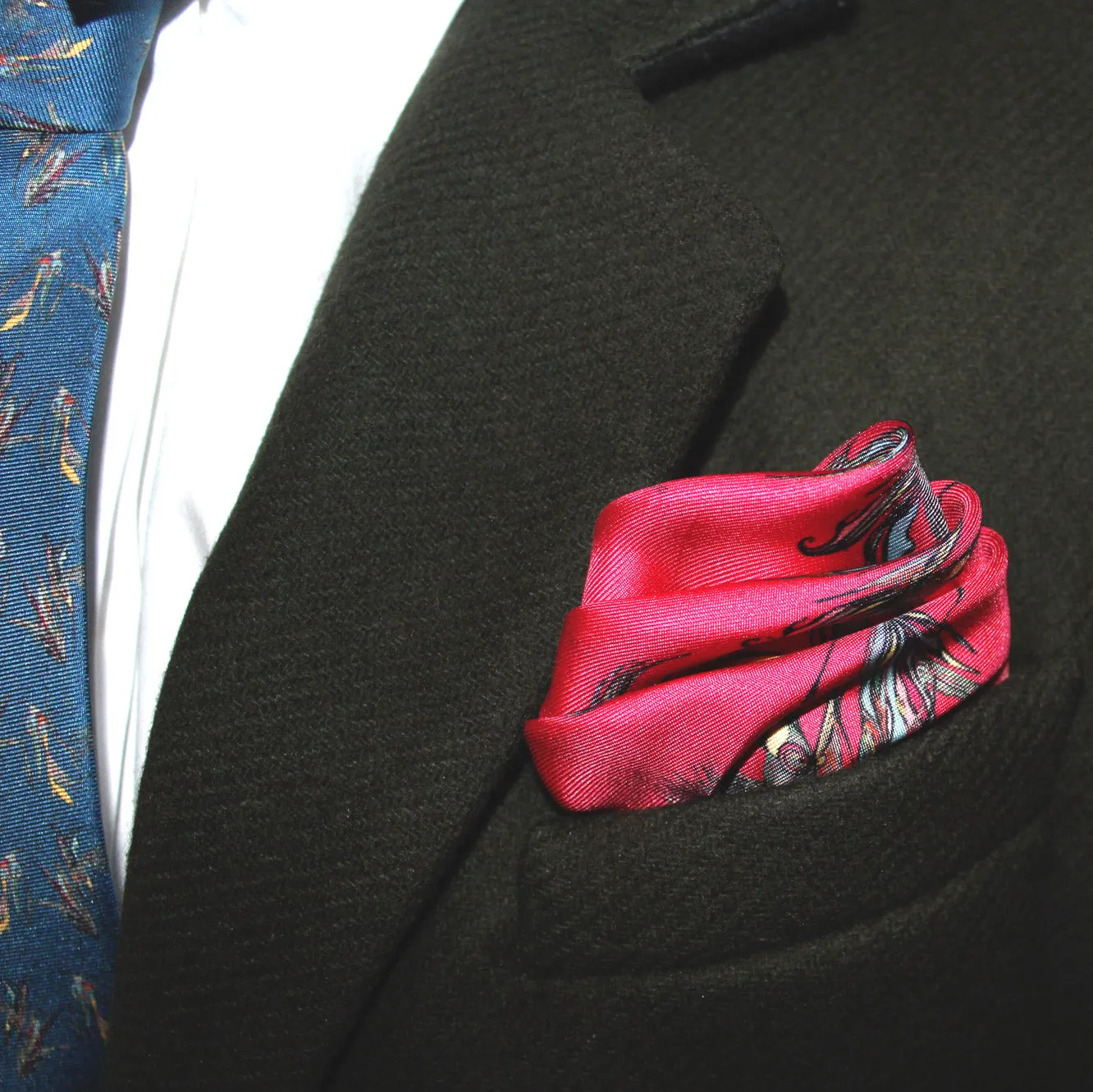 100% Silk Pocket Square in Red Birds Pattern