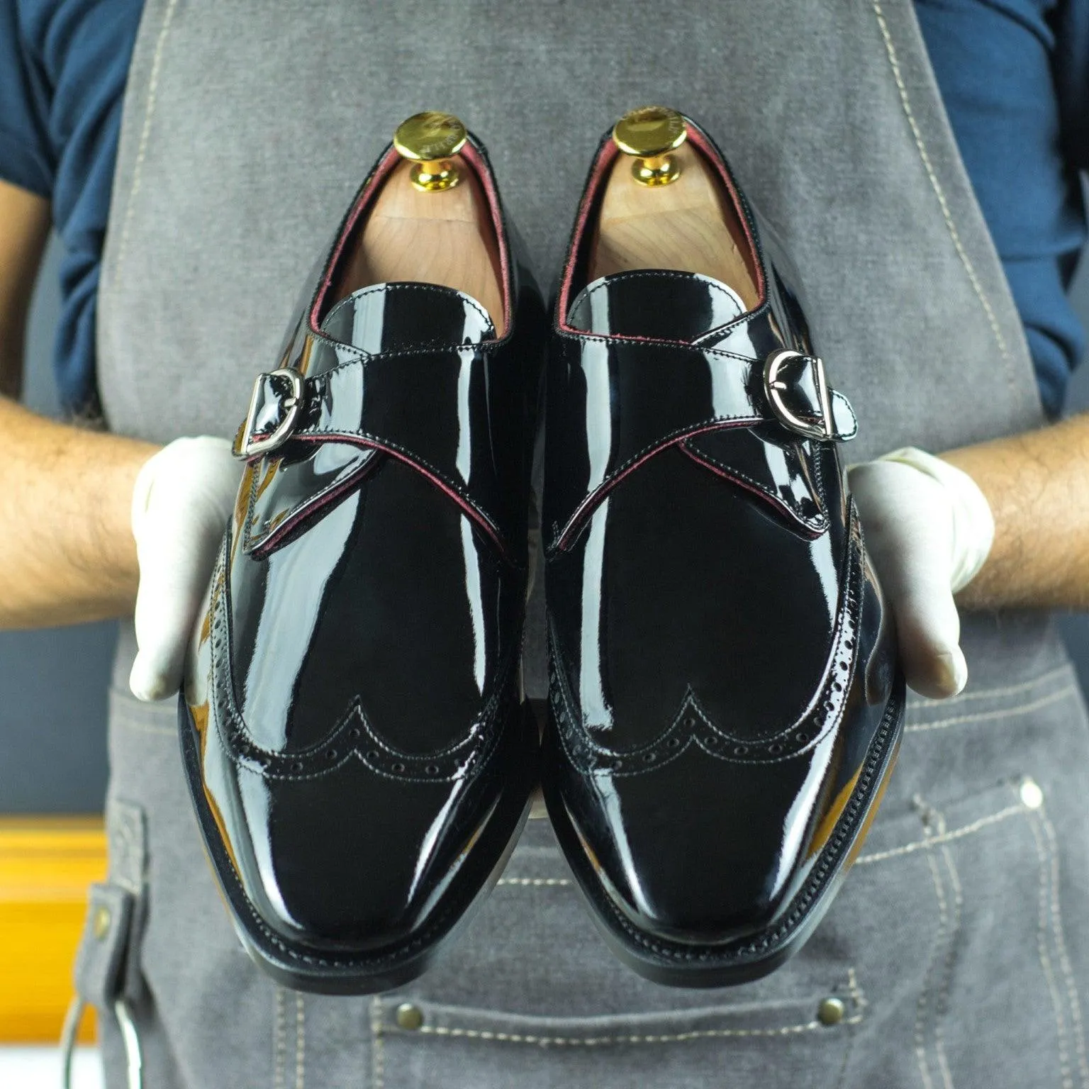 Black Patent Leather Single Monk Shoes