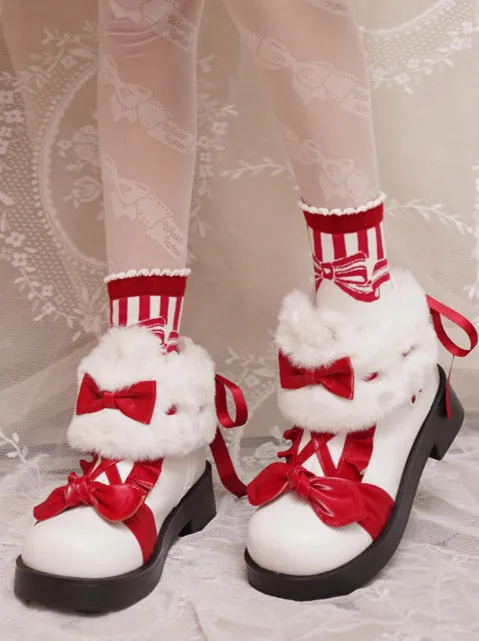 Boots Snow Mid Velvet Color Lolita Block Short Ribbon Heel Sweet