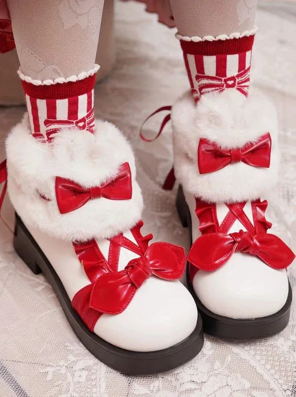 Boots Snow Mid Velvet Color Lolita Block Short Ribbon Heel Sweet