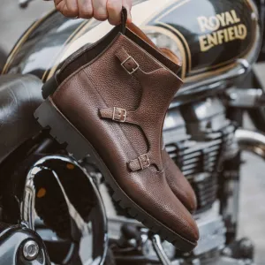 Brown Leather Santana Chunky Monk Strap Boots - With Track Lug Soles - Hiking and Trekking Boots