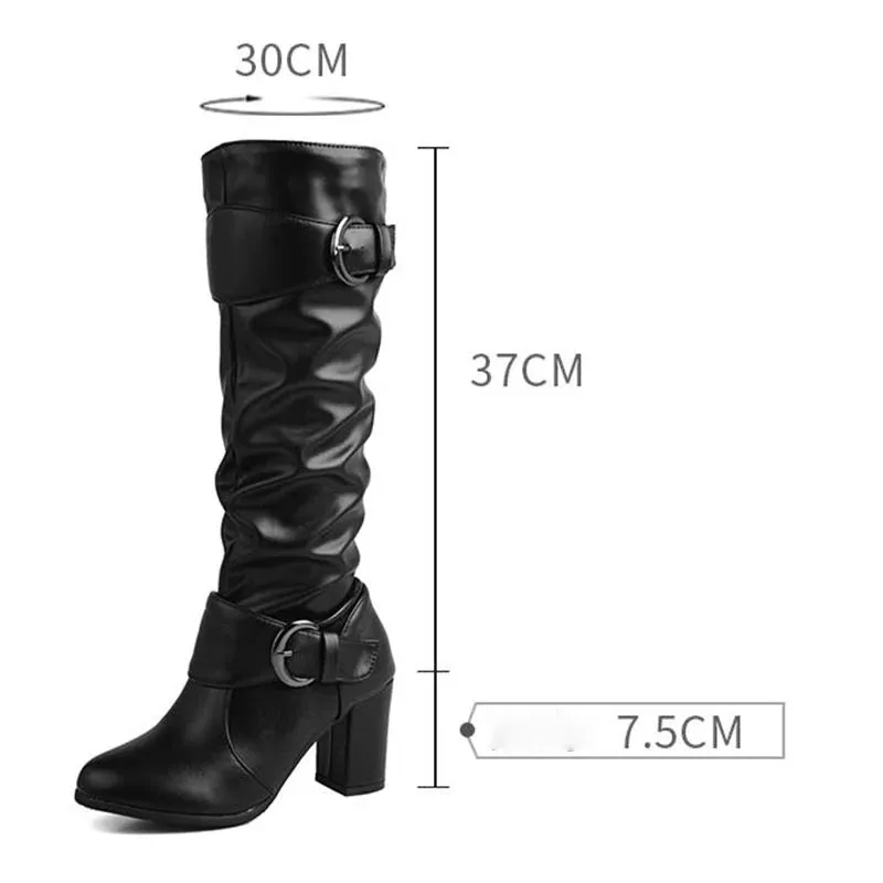Elegant Classic Knee High Belt Buckle Zipper Boots