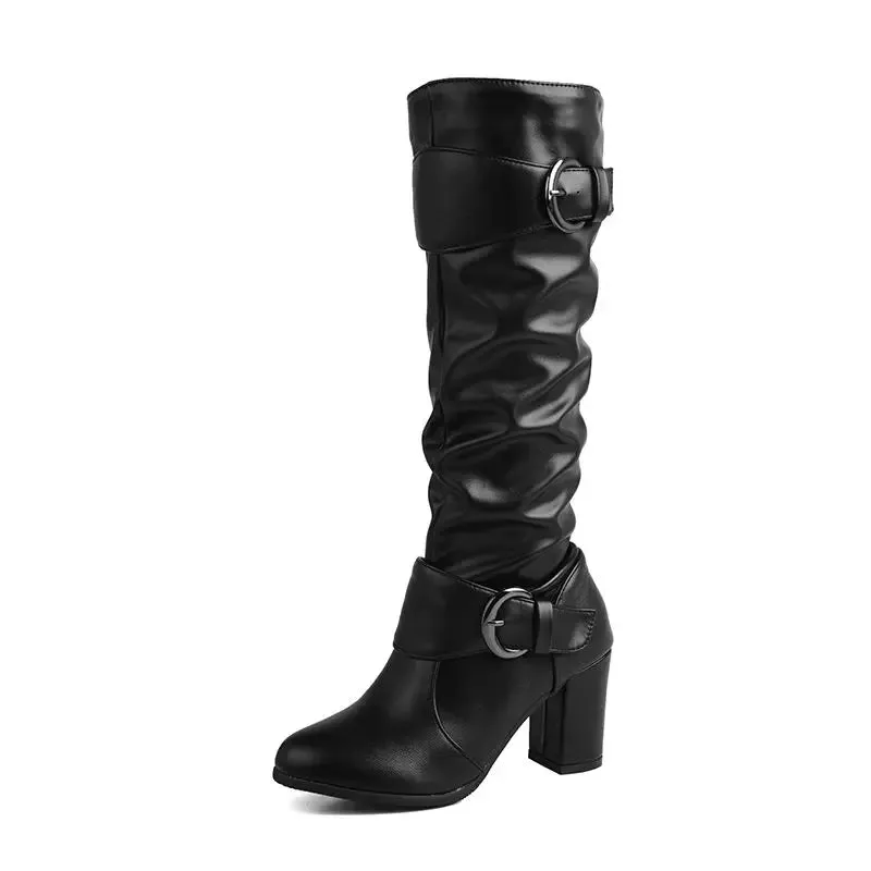 Elegant Classic Knee High Belt Buckle Zipper Boots