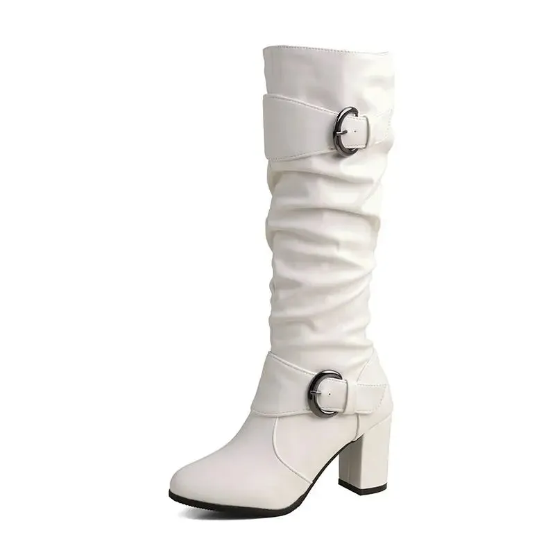 Elegant Classic Knee High Belt Buckle Zipper Boots
