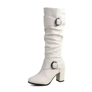 Elegant Classic Knee High Belt Buckle Zipper Boots