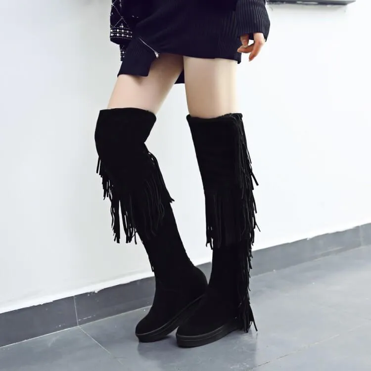 Flat Fringe Suede Knee High Boots