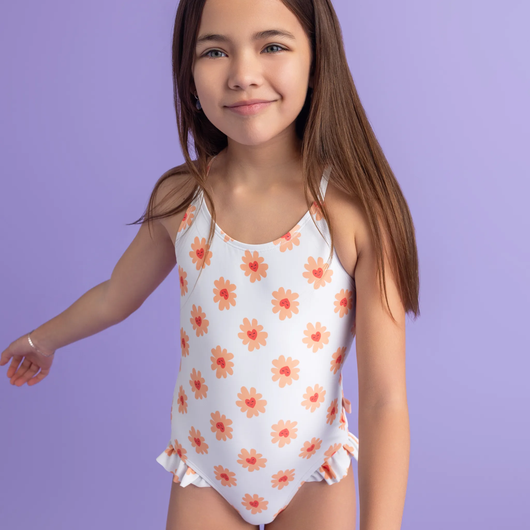 Flower Hearts Print  Girl Swimsuit