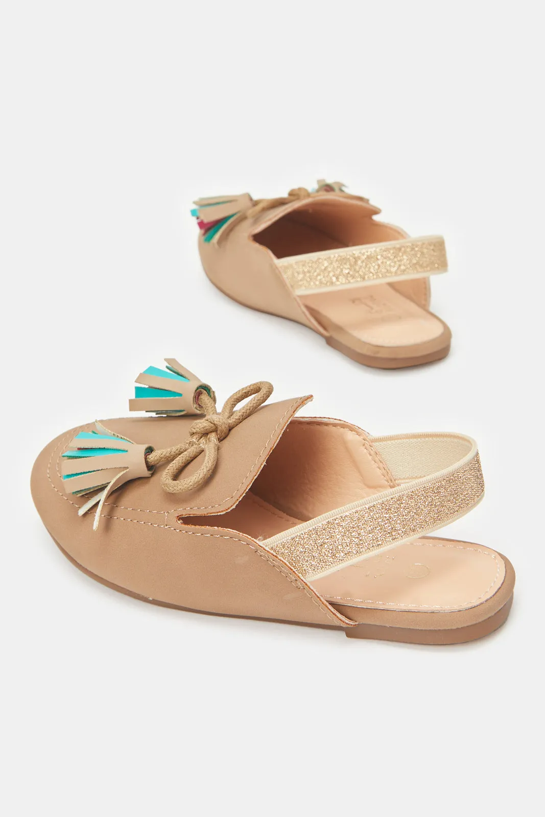 Girls Beige Tassel Trim Mule