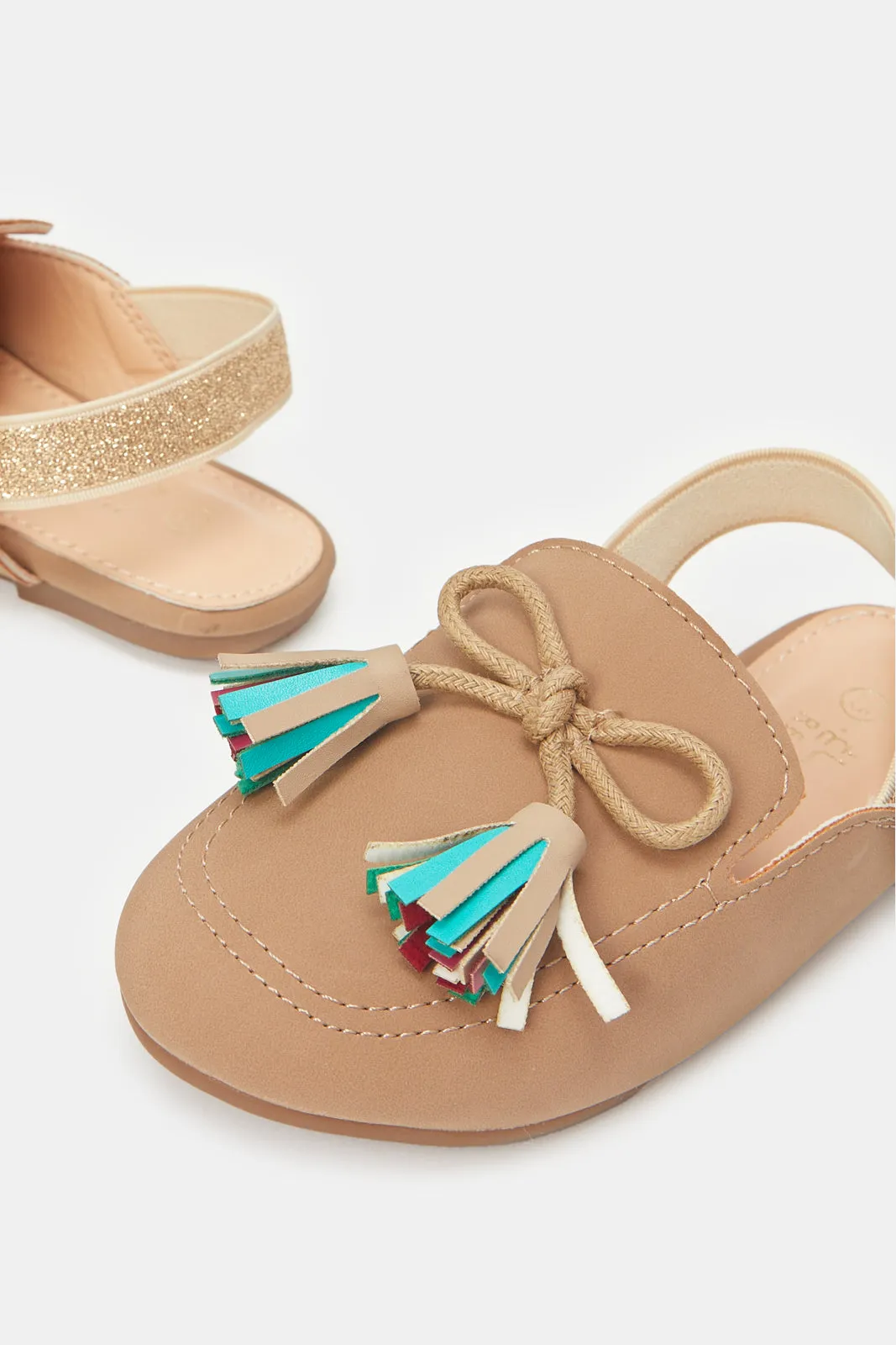 Girls Beige Tassel Trim Mule