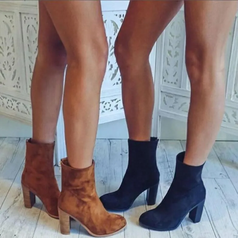 High Chunky Heel Suede Round Toe Calf Boots