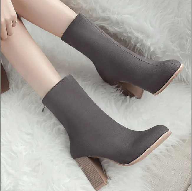 High Chunky Heel Suede Round Toe Calf Boots