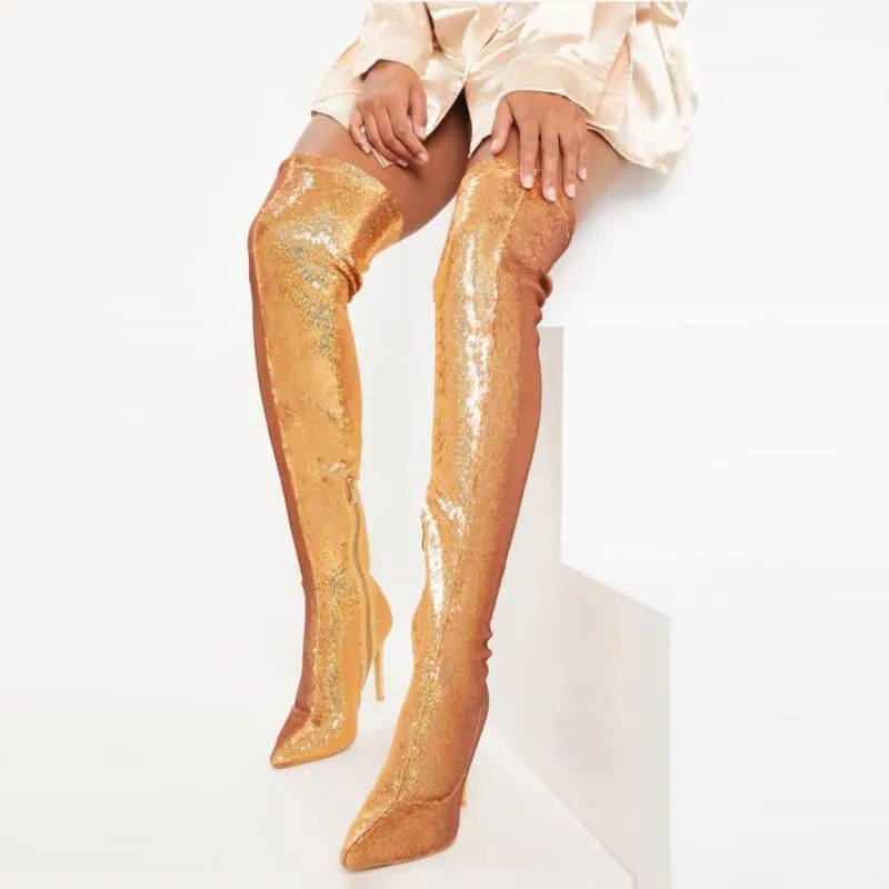 High Heel Glitter Pointed Toe Over Knee Calf Boots