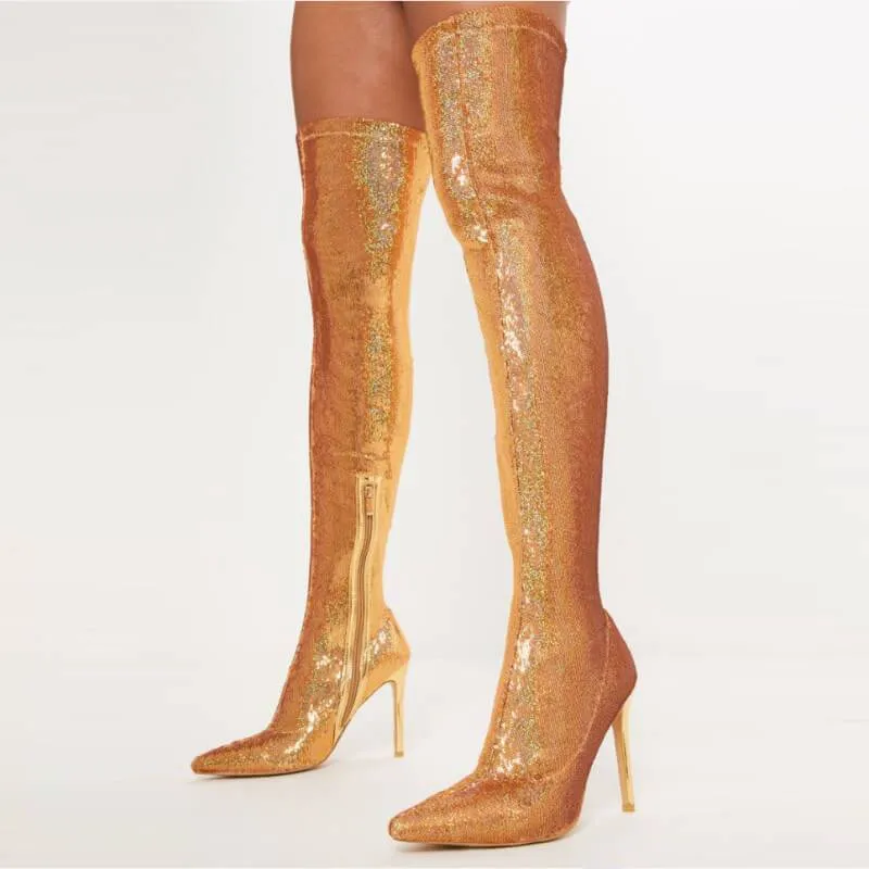 High Heel Glitter Pointed Toe Over Knee Calf Boots