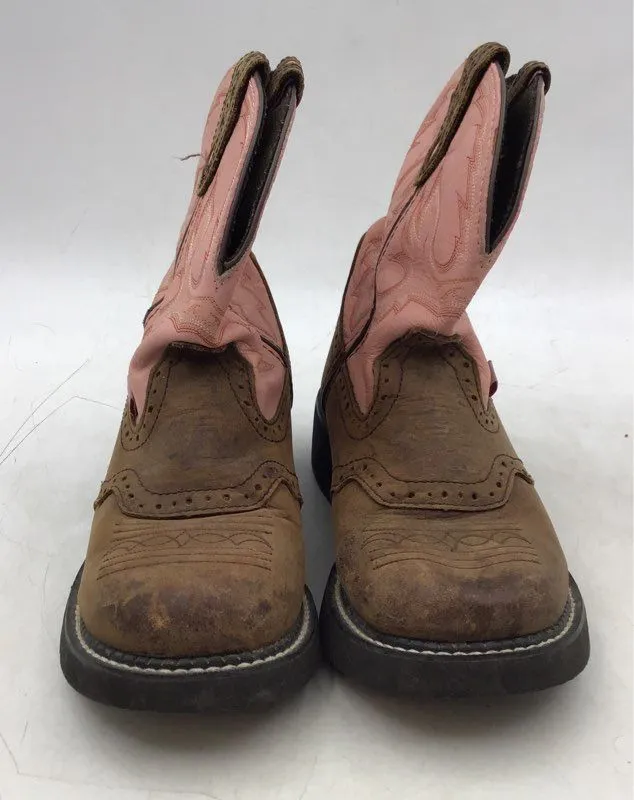 Justin Boots Women's L9901 Pink Brown Leather Cowgirl Western Boots - Size 8B