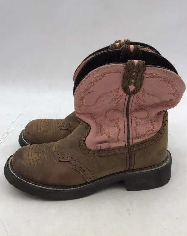 Justin Boots Women's L9901 Pink Brown Leather Cowgirl Western Boots - Size 8B