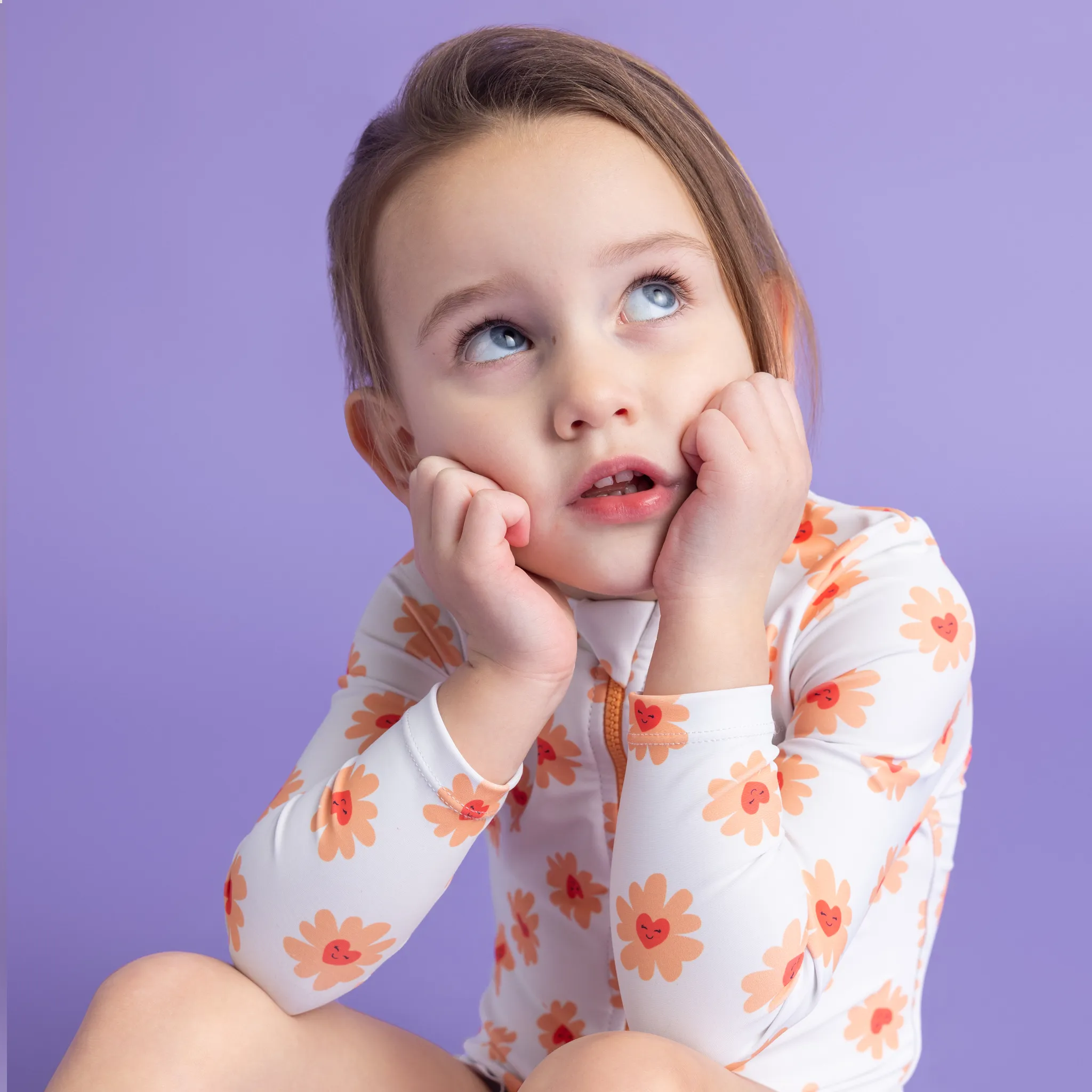 Long Sleeve Flower Hearts Print Girl Rashguard Swimsuit