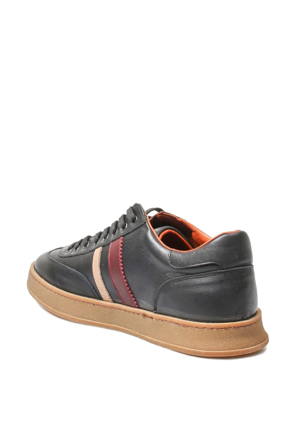 Men's Black Leather Sneakers with Color Stripe and Gum Sole - Wessi