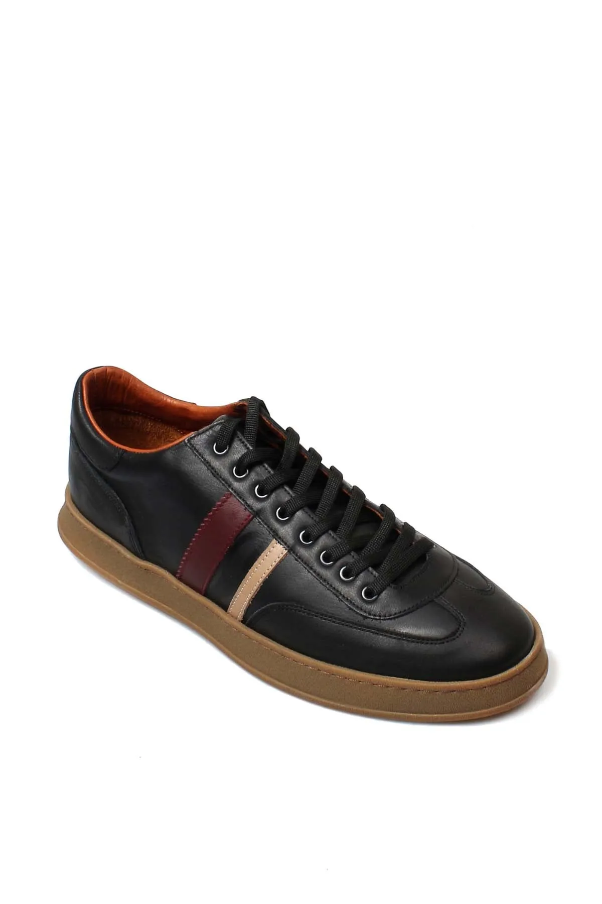 Men's Black Leather Sneakers with Color Stripe and Gum Sole - Wessi