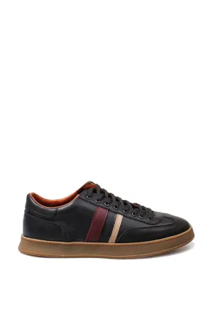 Men's Black Leather Sneakers with Color Stripe and Gum Sole - Wessi