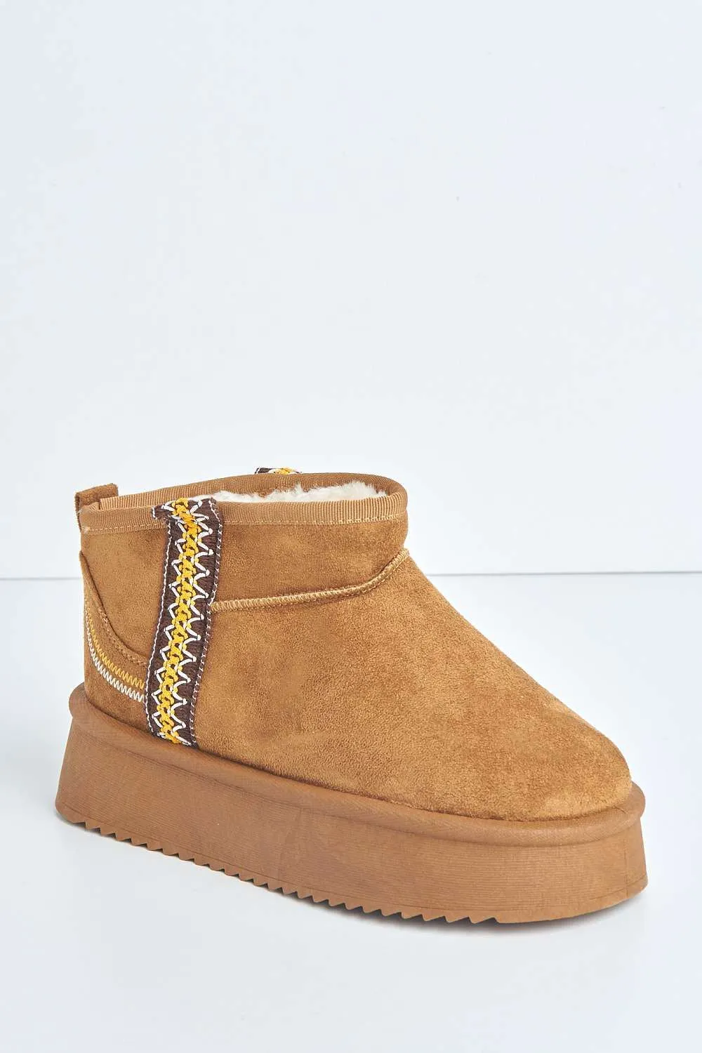 Mianee Embroidered Faux Fur Lining Chunky Sole Ankle Boots in Camel