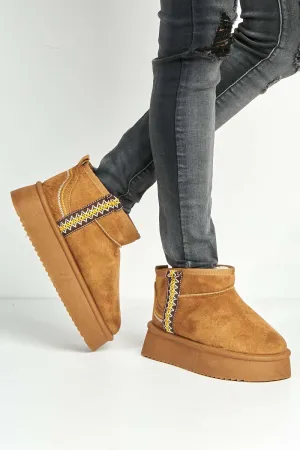 Mianee Embroidered Faux Fur Lining Chunky Sole Ankle Boots in Camel