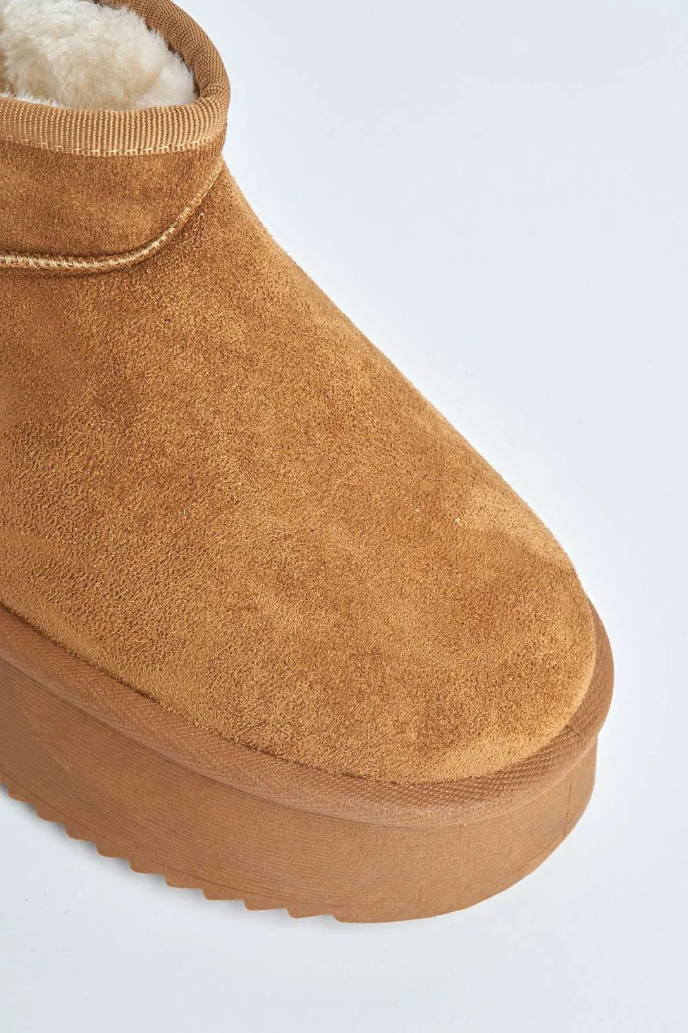 Mianee Embroidered Faux Fur Lining Chunky Sole Ankle Boots in Camel