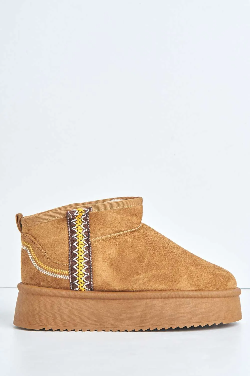 Mianee Embroidered Faux Fur Lining Chunky Sole Ankle Boots in Camel