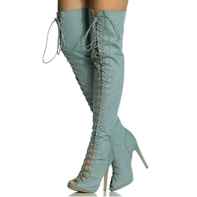 Peep Toe Cutout Lace Up Over knee Boots