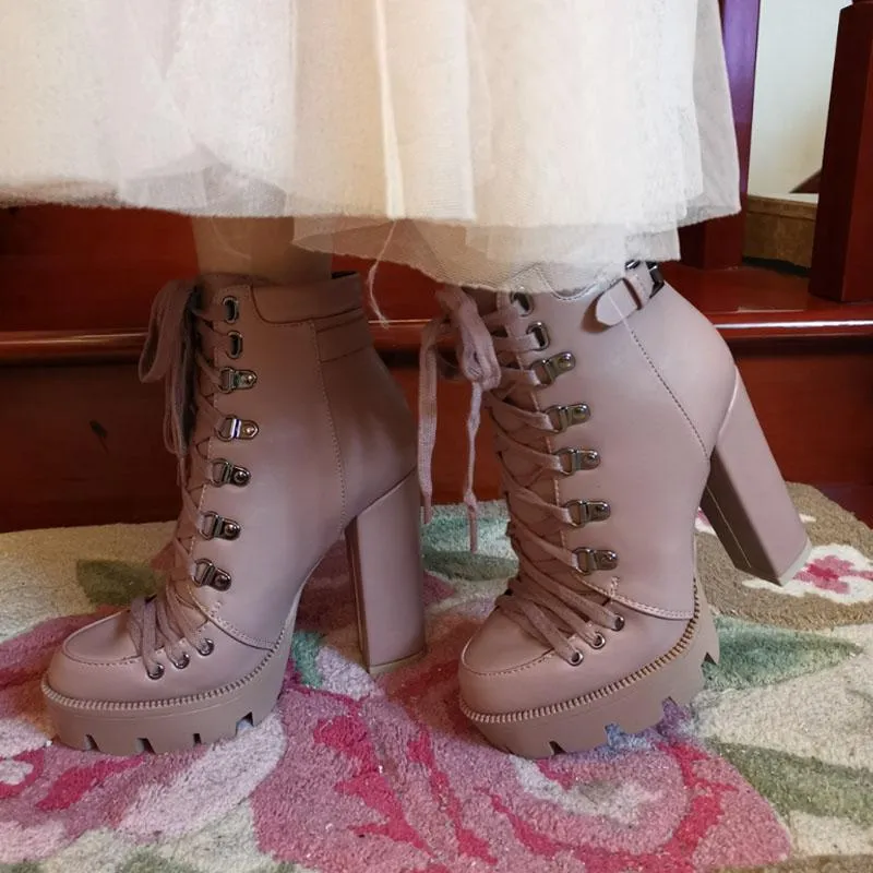 Platform Lace Up High Heel Ankle Boots