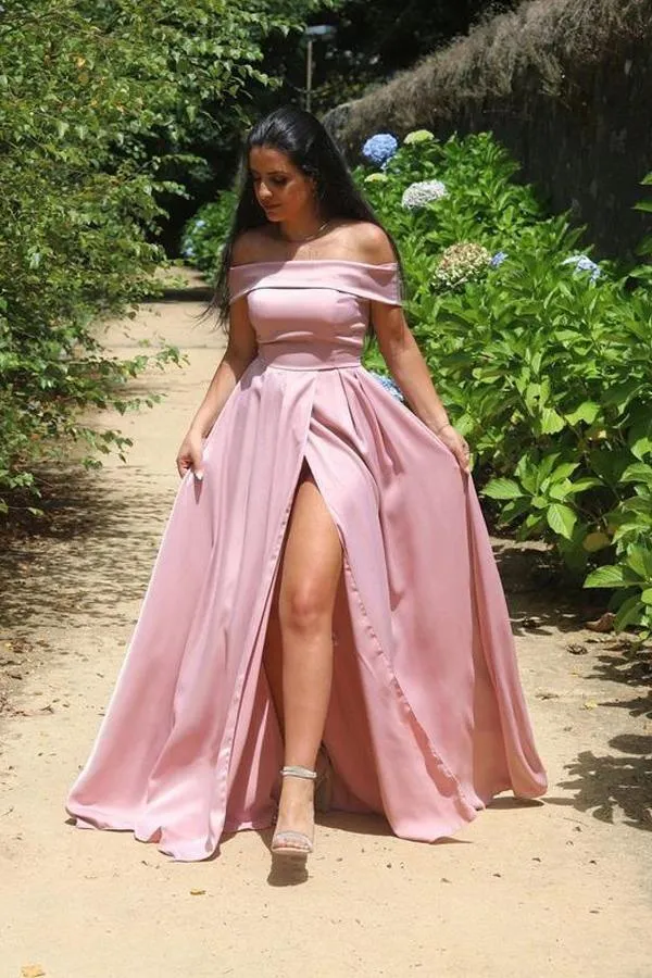Satin Off-the-shoulder Neckline A-line Prom Dresses Evening Dresses PSK244