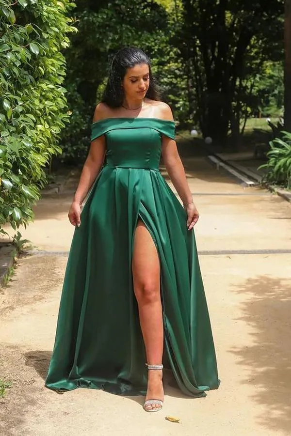 Satin Off-the-shoulder Neckline A-line Prom Dresses Evening Dresses PSK244