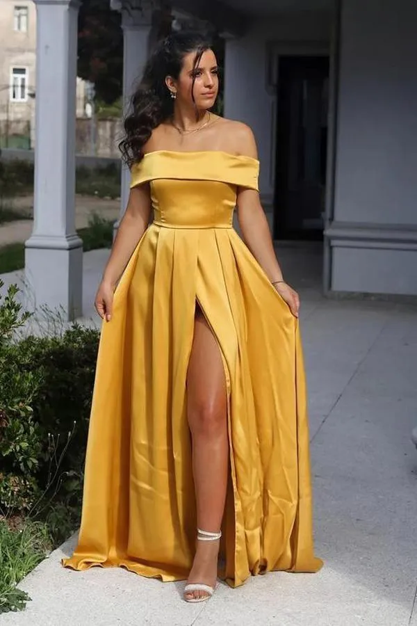 Satin Off-the-shoulder Neckline A-line Prom Dresses Evening Dresses PSK244