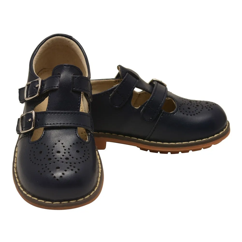Unisex Navy Double T-Strap Buckled Leather Mary Jane Shoes 5 Toddler-2 Kids