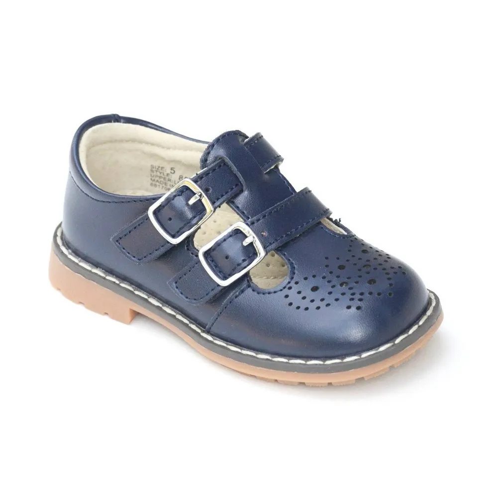 Unisex Navy Double T-Strap Buckled Leather Mary Jane Shoes 5 Toddler-2 Kids