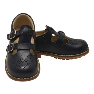 Unisex Navy Double T-Strap Buckled Leather Mary Jane Shoes 5 Toddler-2 Kids
