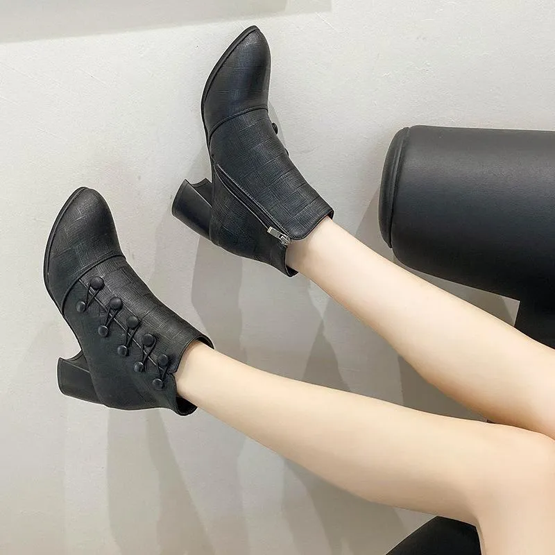 Women double breasted chunky heel side zipper ankle boots