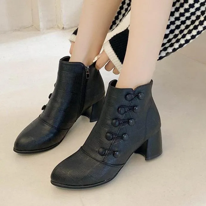 Women double breasted chunky heel side zipper ankle boots