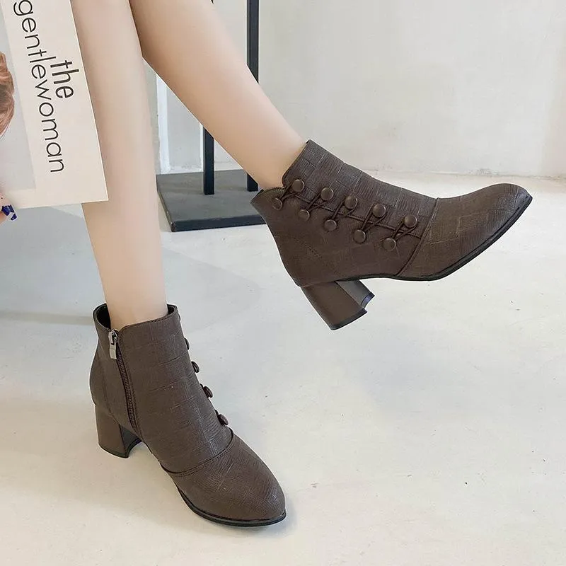 Women double breasted chunky heel side zipper ankle boots