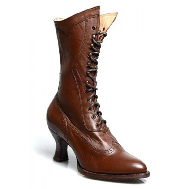 Women dress medium block heel lace up mid calf boots