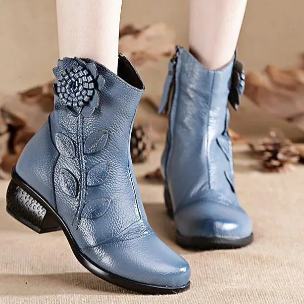 Women fashion flower  block heel ankle boots
