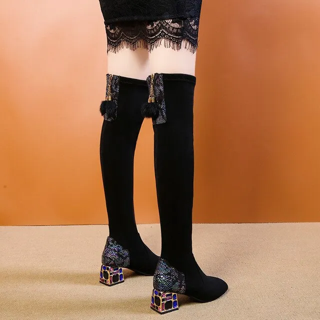 Women’s High Heels Over the Knee Boots – Knitting Socks Booties with Stretch Fabric, Thigh High Sexy Boots