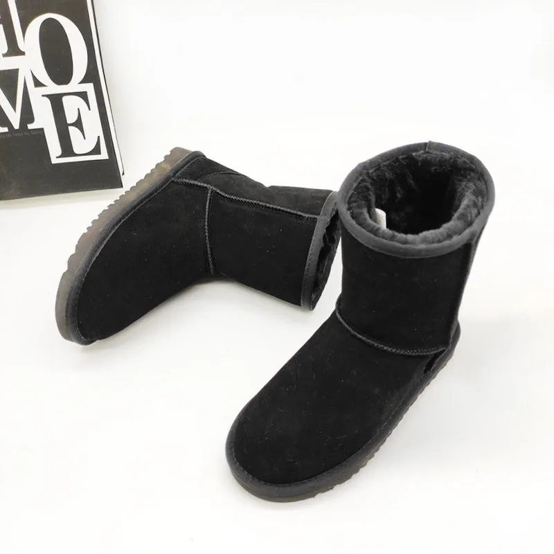 Women's Leather Mid-Calf Flat Heel Snow Boots