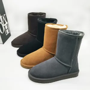 Women's Leather Mid-Calf Flat Heel Snow Boots