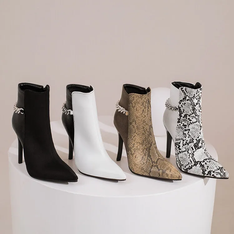 Women's Printed Patchwork Pointed Toe Metal Chains Stiletto Heel Short Boots