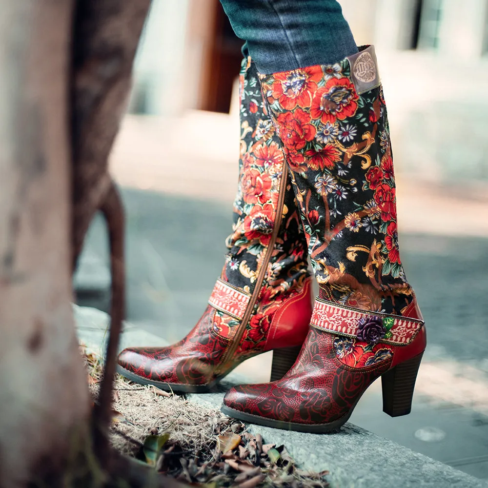 Zalor Red Patterned Boho Vibrant High Boots