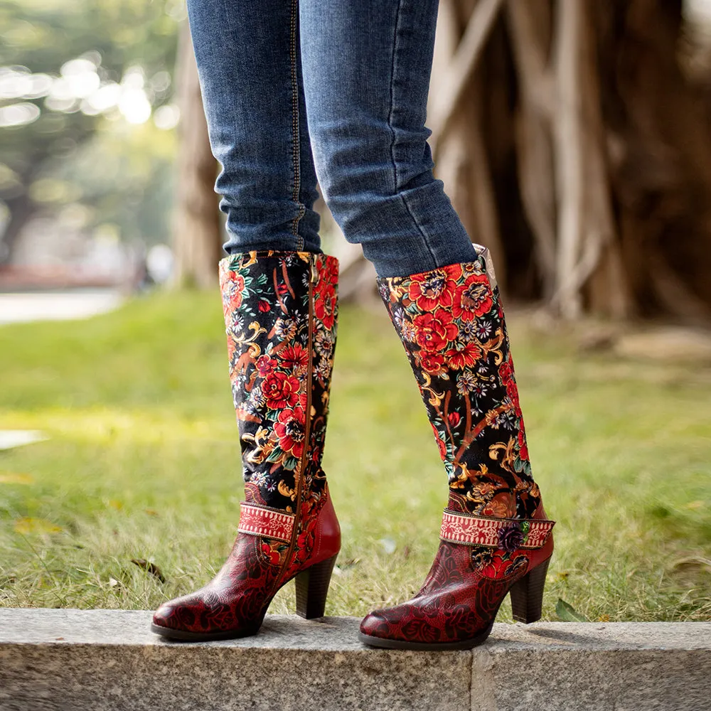 Zalor Red Patterned Boho Vibrant High Boots