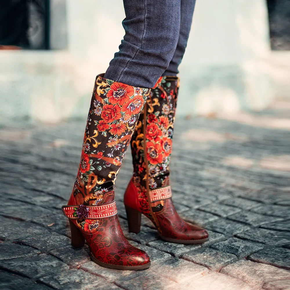 Zalor Red Patterned Boho Vibrant High Boots