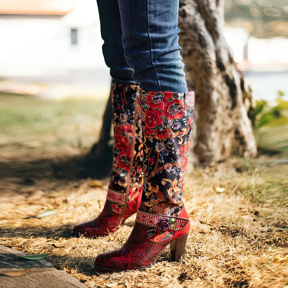Zalor Red Patterned Boho Vibrant High Boots